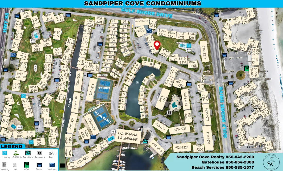 A wide view of Sandpiper Cove Condominiums and the surrounding Destin area, including Gulf Shore Drive, the Louisiana Lagniappe restaurant, the event center, tennis courts, and the marina. The image conveys a sense of proximity to dining, recreation, and local attractions.