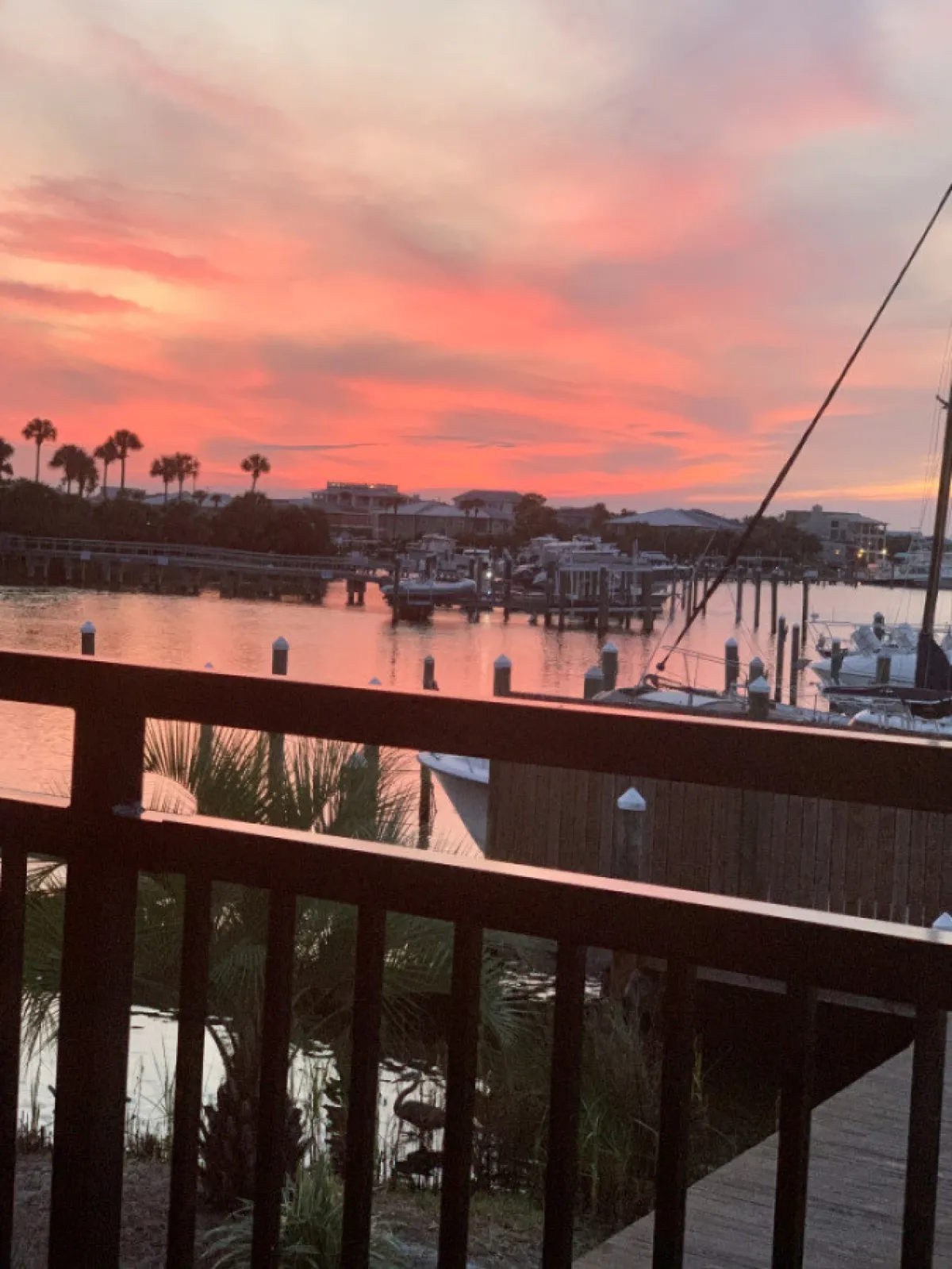 This image captures a tranquil marina scene at sunset, with boats docked by the water, palm trees framing the view, and shimmering reflections on the water’s surface. The setting evokes Destin’s waterfront charm and hints at the abundance of local activities like fishing, dolphin cruises, and relaxing by the marina.