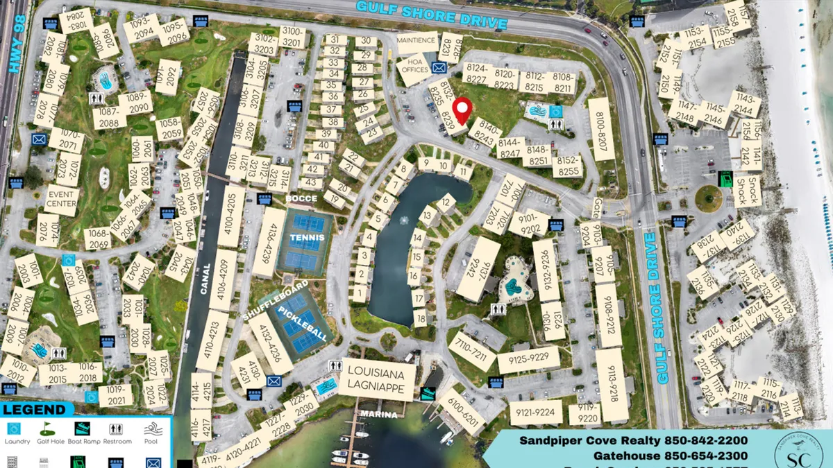 A detailed aerial map highlights the location of the studio unit, its proximity to Gulf Shore Drive, the private beach, and a variety of community amenities like pools, tennis courts, and the marina. The layout showcases how easily accessible the beach and local attractions are.
